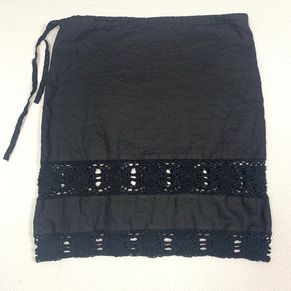 DKNY Jeans Black 100% Linen Skirt Crochet Trim Midi A-Line Size Medium M